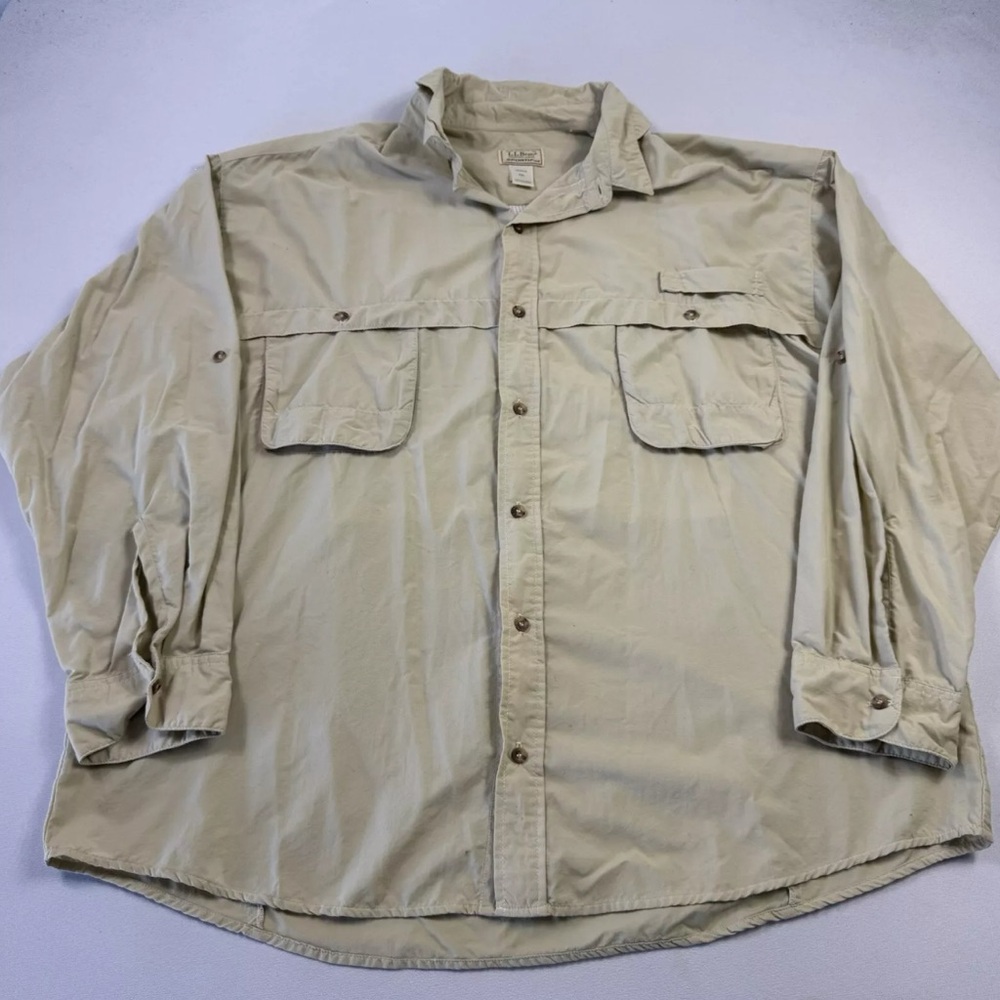 L.L. Bean Vintage Men Sportif Shirt Outdoor Fishing Guide Safari Nylon Beige 2XL